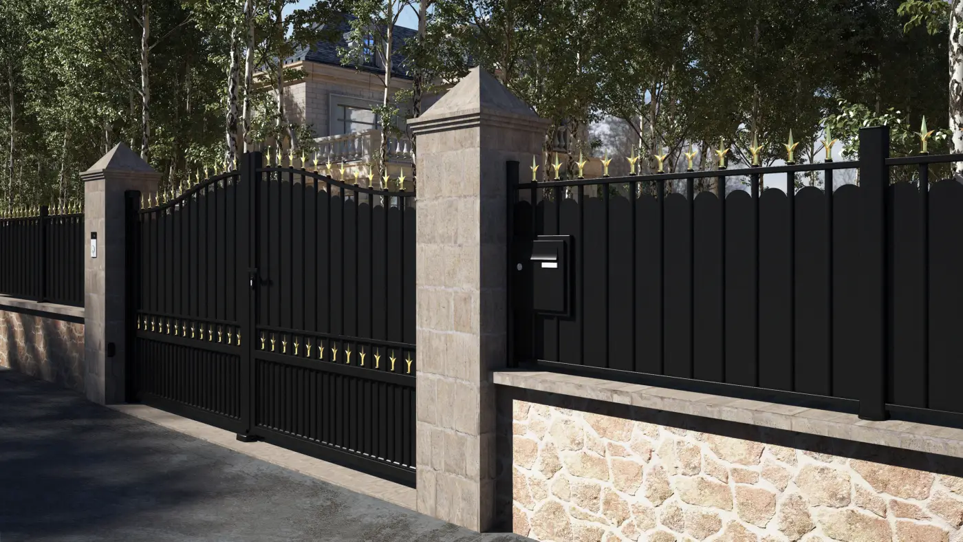 Portail battant plein aluminium Rosnoën Kosum 2100 boîte aux lettres clôture Locronan