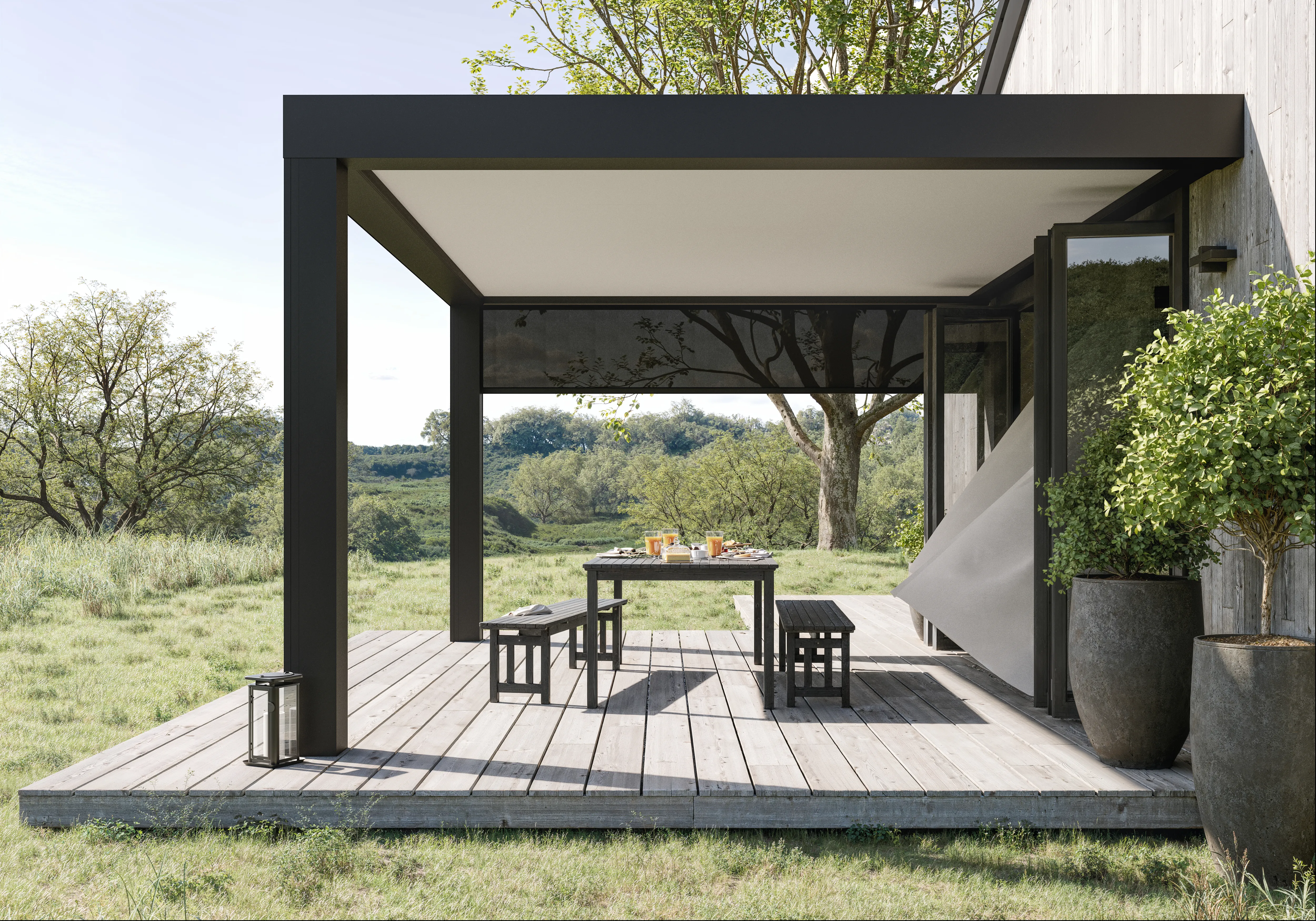 Pergola adossée Poppy Kostum RAL 2100 avec store zip charbon sur terrasse en bois
