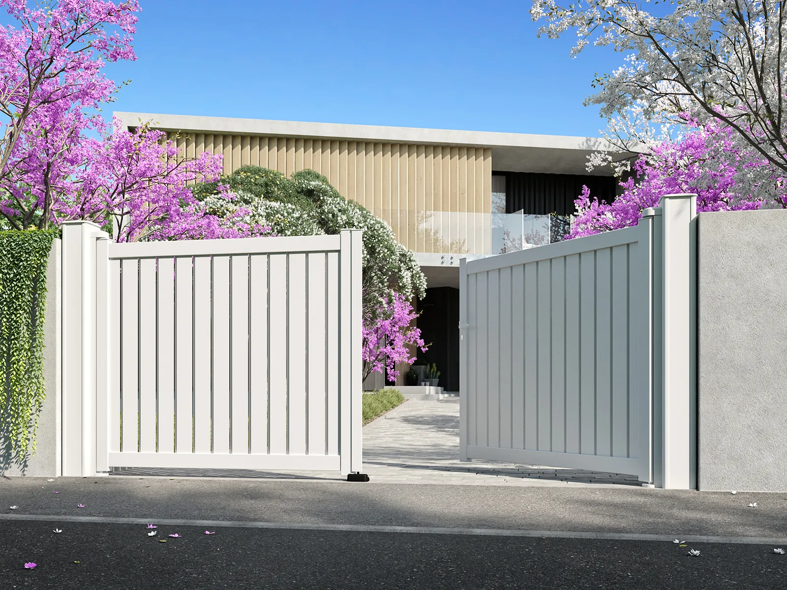 Portail battant persienné Yec Kostum RAL 9016 blanc avec arbres en fleurs