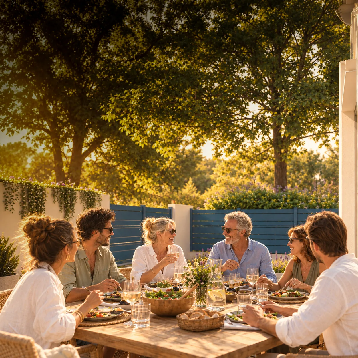 Repas entre amis dans un jardin fermé par une clôture Kostum